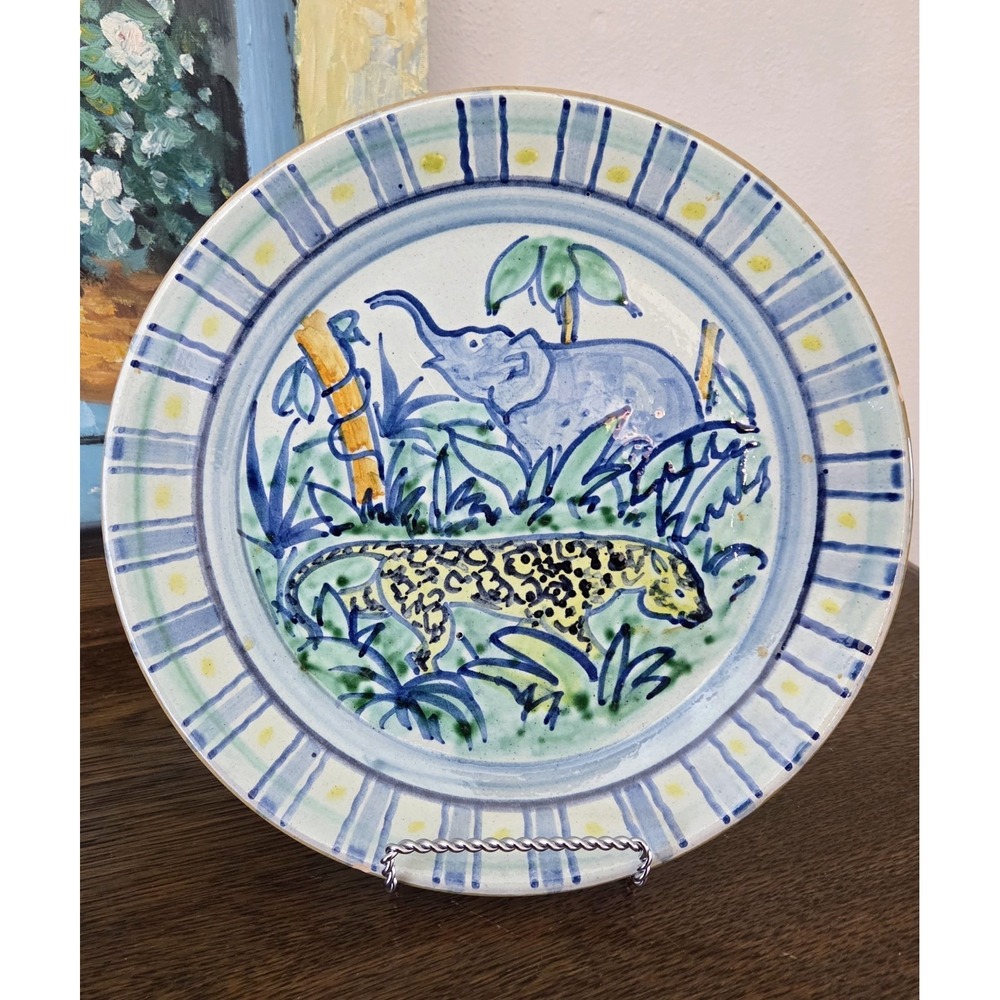 Vintage Leopard Elephant Safari Jungle Cat Plate Denmark‎ Signed RAS Handpainted